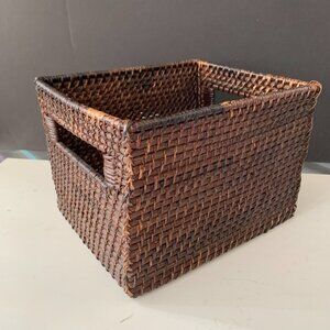 POTTERY BARN WICKER BASKET WITH HANDLES  9" by 6.5" by 7.5"